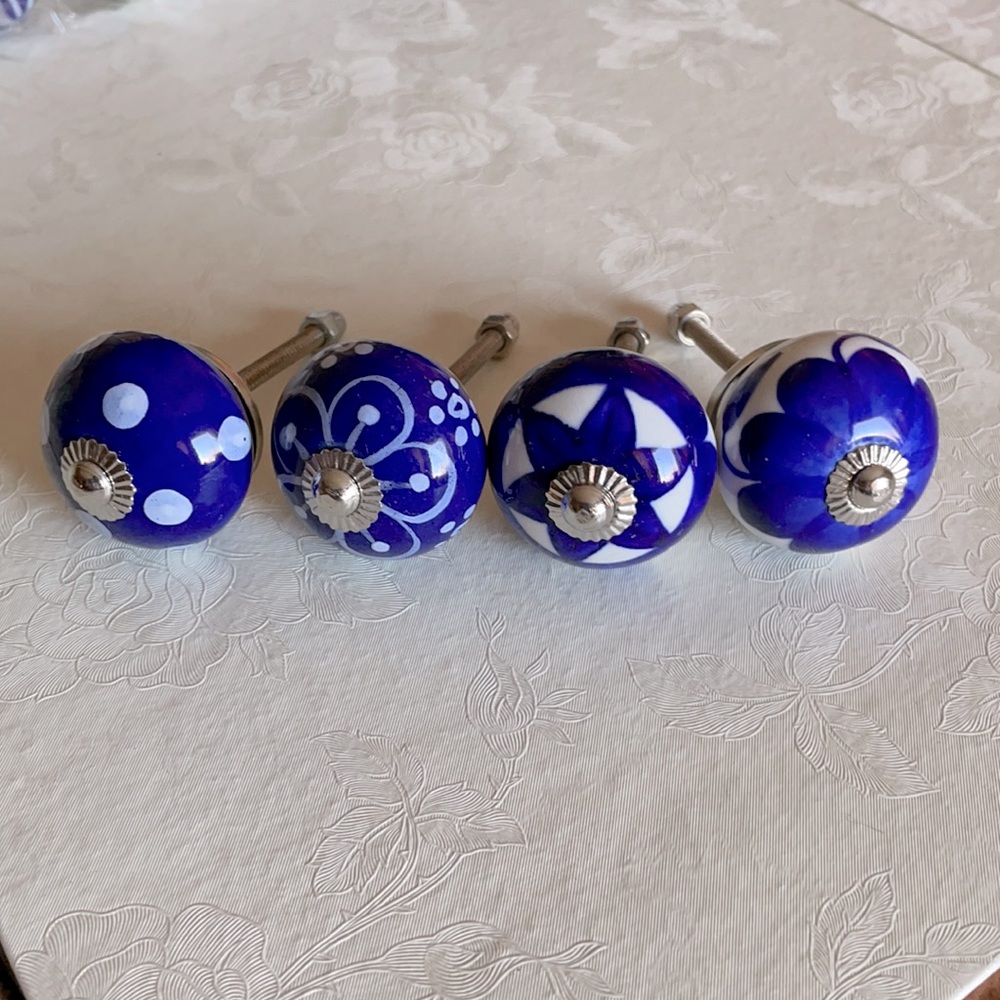Dresser knobs hand painted dark blue set of 4.